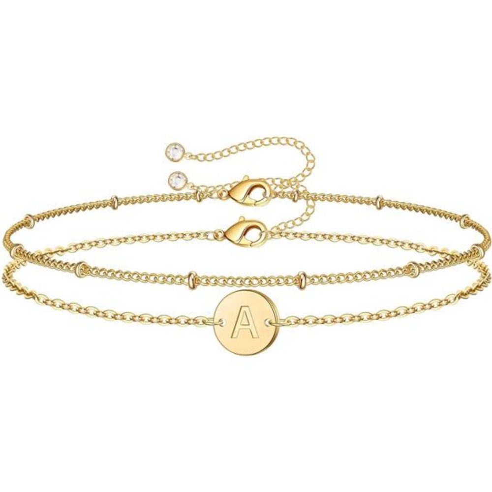 Gold Initial Bracelets for Women Girls, Dainty 14K Gold Filled Layered Beaded